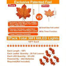 Timer And 3 Pack 30Ft Fall Garland Halloween Fall Decorations For Home 60 LED Leafed Lights Patented Realistic Maples Leafed Battery Operated Autumn Fall Decor Thanksgiving Decorations Indoor Outdoor