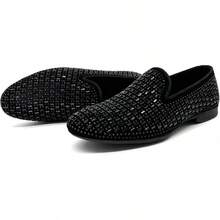 Men's Pointed Toe Rivet Dress Shoes Glitter Modern Metallic Slip On Loafers Plus Size-20256688 - Black01 - View 4