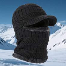 1pc Men's Winter Knit Hat, Thermal Lined Thick Beanie, Scarf Attached Earflap Hat, Unisex Balaclava, Suitable For Outdoor Cycling And Daily Wear & Outfit Matching