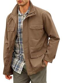 Mens Military Jacket Full Zip And Button  Field Jacket Multi Pocket Cargo Outdoor Coathalloween - 卡其色 - 查看 1