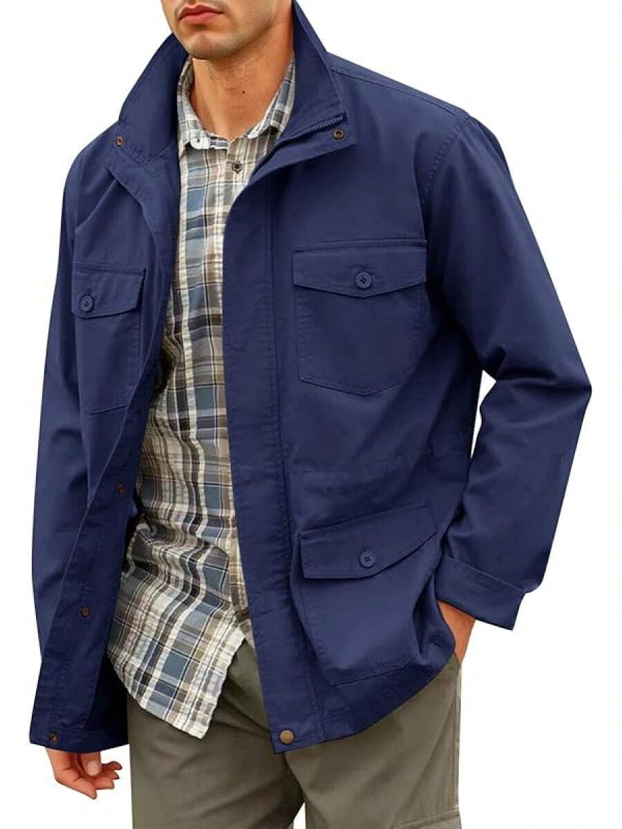 Chaqueta militar para hombre con cremallera completa y botones, chaqueta de campo con múltiples bolsillos, chaqueta cargo para exteriores, halloween - Marina de - Ver 1