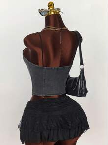 Amplova Women's Y2K Sexy Lace Trim Fitted Camisole Denim Top Corset To Corset Rave Top Rave Festival,Graduation,Teacher For Women,Back To School, Night Out - Dark Grey - View 3