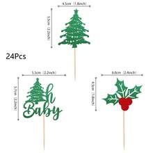 12/24 PCS Christmas Tree OhBaby Cupcake Toppers Glitter Holly Leaves And Berries BabyShower Christmas Cupcake Picks For Christmas Theme Birthday Party Cake Decorations Supplies