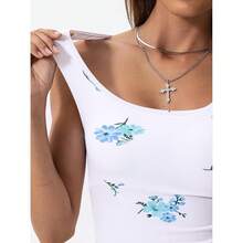 Women Rib Tank Top Padded Workout Top Square Neck Crop Tank Fitted Basic Cami Tops - Floral Forget-me-not Blue - View 7