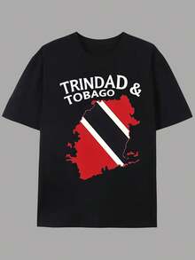 Men's Trinidad & Tobago Flag Graphic Print T-Shirt -100% Pure Cotton, Black Casual Short Sleeve Round Neck Summer Top, Breathable Machine-Washable Regular Fit For Outdoor & Casual Attire, Crew Neck Shirt, Comfortable Fit Shirt - 黑色 - 查看 2
