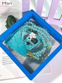 Elegant Floating Box Beaded Set: Flower Rhinestone Ring Counter + Prayer Bead Bracelet, Tasbih Counter Bracelet, Step Counter, Suitable For Holiday Gatherings As Gifts - Multicolor - View 7