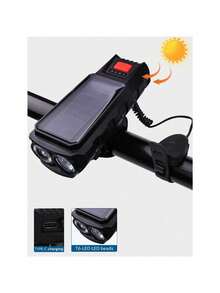 Farol Solar De Bicicleta Led Recarregável Buzina Luz De Bike Usb - Preto - Visão 3