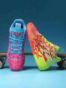 Men's Fashion Shock-Absorbing Sports Shoes, Graffiti Teenager Basketball Shoes - Comfortable, Breathable, Non-, Shock-Absorbing Sports Shoes, Suitable For Training, Running And Walking (Handpainted Uneven, Camouflage Asymmetrical Pattern) (Left And Right Foot Colors Are Random, Left Foot Yellow Or Right Foot Yellow) - 鴛鴦(黃蘭) - 查看 4