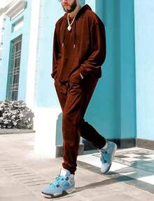 Mens 2 Piece Velour Hoodie Tracksuit Long Sleeve Velvet Hooded Pullover Casual Athletic Jogging Sweatsuit Set-2025 - 棕色 - 查看 2
