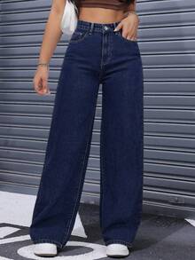 Pantalones Vaqueros de Pierna Ancha para Mujer Cintura Alta Recta y Suelta, Tejido Elástico Azul Lavado, Elegantes y Casuales - Azul - Ver 5