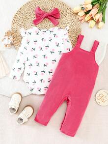 [Baby Girl] 3-Piece Outfit Set: Cherry Print Bodysuit With Cap Sleeves, Pink Bear Applique Bib Pants, Matching Velvet Bow Headband. The Overalls Are Adorable And Age-Reducing, The Jumpsuit Is Fresh And Elegant, The Overall Style Is Soft And Cute, Which Is The Best Choice For Baby Girls' Daily Outings And Home Wear, Fully Displaying Their Childlike Charm. - Pink - View 2