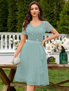 MIUSOL Vestido de gala de gasa con cuello en V, encaje con lentejuelas y volantes, elegante vestido de fiesta para mujeres, adecuado para fiestas formales, vacaciones, ceremonias de graduación y otras ocasiones - Azul menta - Ver 4