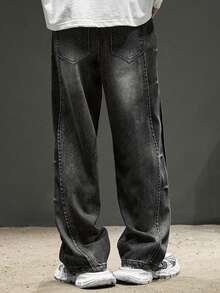 1 Stück amerikanischer Streetwear Stil Washed Patchwork Design Loose Fit Weite Bein Herren Jeans