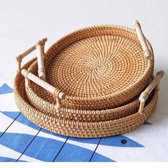 1pc Handmade Woven Fruit Basket/Bread Basket With Handle, Flat Tray, Wicker Fruit Basket Handmade Woven Ear, Japanese Style Bread Basket, Steamer Basket, Home Living Room Storage Basket, Display Tray