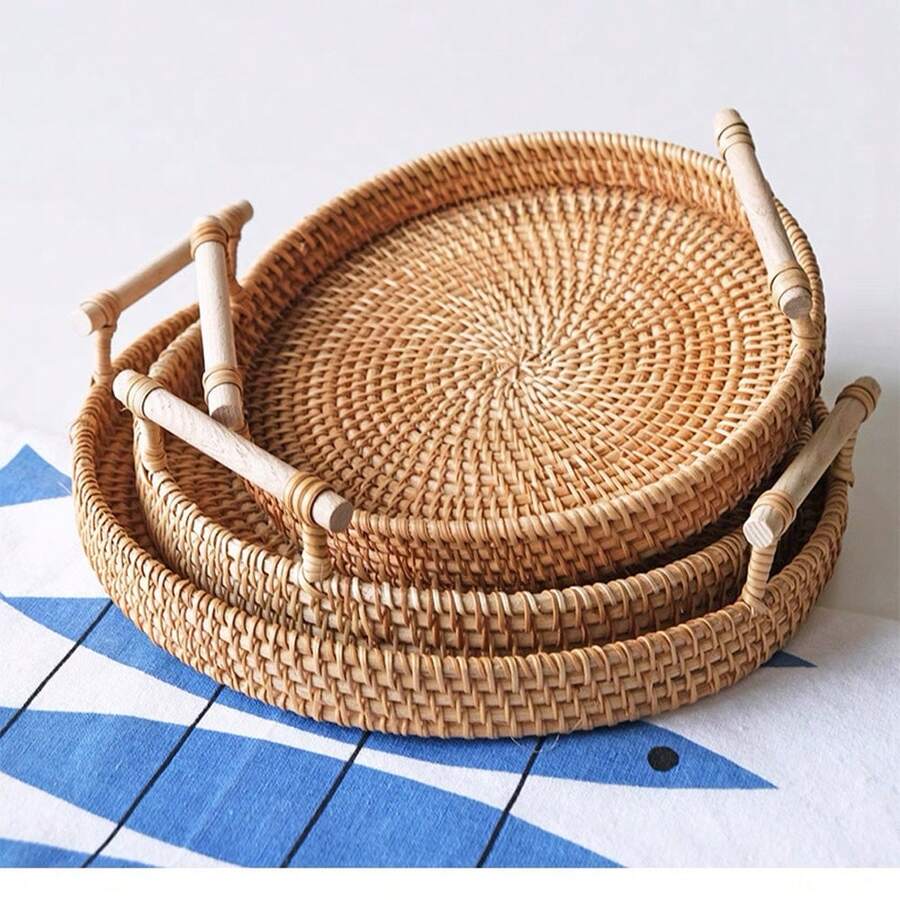 1 giỏ đựng trái cây/giỏ đựng bánh mì đan thủ công có quai xách, khay phẳng, giỏ đựng trái cây đan thủ công, giỏ đựng bánh mì kiểu Nhật, giỏ hấp, giỏ đựng đồ phòng khách, khay trưng bày - Màu gỗ - Xem 1