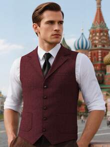 Retro Men's Western Cowboy Suit Vest Slim Fit V Neck Suede Leather Dress Vests Vintage Prom Wedding Casual Waistcoat - 酒紅色 - 查看 3