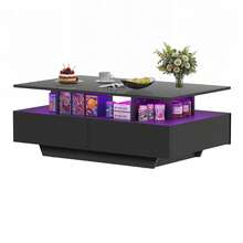 Modern High Gloss Coffee Table With LED Lights & 4 Sliding Drawers Center Cocktail Table For Living Room - Black - View 11