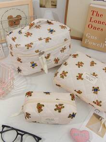 1 Piece Beige Strip Print Cosmetics Storage Bag Cute Brown Bear Pattern Make Up Bag Practical Makeup Bag Set Large Capacity Cosmetics Organizer Bag Foam Quilted Travel Toiletry Bag Lovely Cartoon Pattern Makeup Pouch Multi-Functional Items Storage Bag