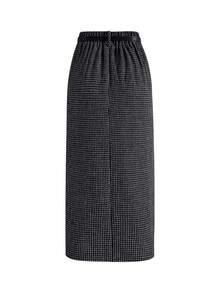 EARO French Retro Women Casual Minimalist Comfortable Daily Versatile Cinched Waist Houndstooth Pleated Front Slit High Waist Elastic Waist Slim Sexy Elegant Loose OL Professional Bodycon Skirt, Spring/Autumn - Dark Grey - View 2