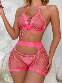 Women Sexy Lingerie Set With Leg Garter Halter Fishnet Cutout Bra And Panty 3pcs/Set - 粉色 - 查看 4