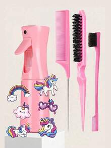 1/3/4/5/7pcs Hair Styling Tool Set, Includes Brush, Spray Bottle, Transparent Water Bottle, Rat-Tail Comb, Hairline Styling Brush, Suitable As New Year Gift For Girls, Comes With Cute DIY Stickers (Random Style) - Multicolor - View 4