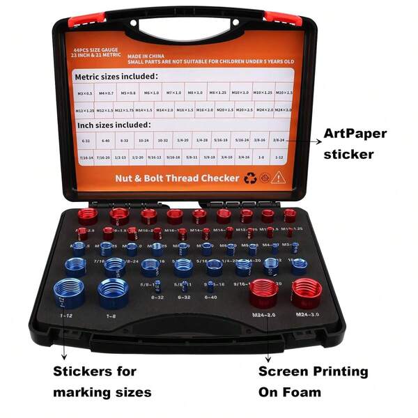 44pcs Nut And Bolt Thread Checker, Thread Gauge For Tricky Areas, 23 Inch & 21 Metric Sizes, Suitable For Inspecting Fixed Bolts Or Threaded Holes, Bolt And Nut Identifier Gauge Tool Box