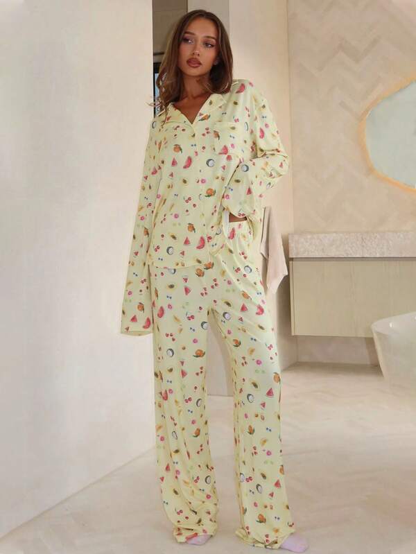 بدلة كاجوال فضفاضة من قطعتين، ملابس علوية طويلة الأكمام ذات ياقة وأزرار أمامية وبنطال ساق مستقيمة، لون أحادي، مريحة للخريف والشتاء للنساء