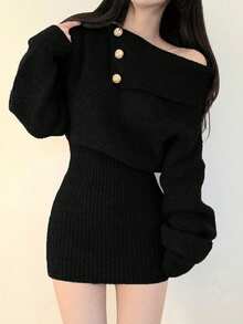 韩版简约不对称肩部修身毛衣裙 - 黑色 - 查看 2