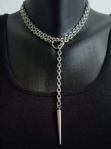 1pc Punk Style O-Ring Rivet Pendant Necklace, Unisex Hiphop Open Circle Necklace, Minimalist Streetwear Party Accessory - Silver - View 2