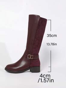 女士新款酒红色仿皮绒面拼接基本款侧拉链设计经典圆头舒适不紧绷高筒修身显腿型保暖内衬秋冬保暖平底时尚马靴/过膝靴，适合秋季、派对等场合 - 酒紅色 - 查看 10