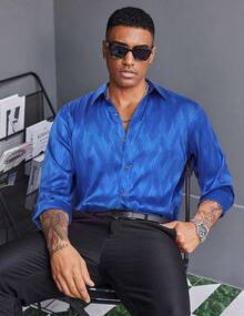 Men's Silk Satin Dress Shirts Jacquard Long Sleeve Floral Button Up Shirts Party Prom Wedding Shirthalloween - 藍色扭曲 - 查看 3