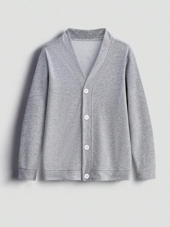 Youth V-Neck Versatile Fashion Gray Soft Button Long Sleeve Jacket, Suitable For Teen Boys, Spring And Autumn
