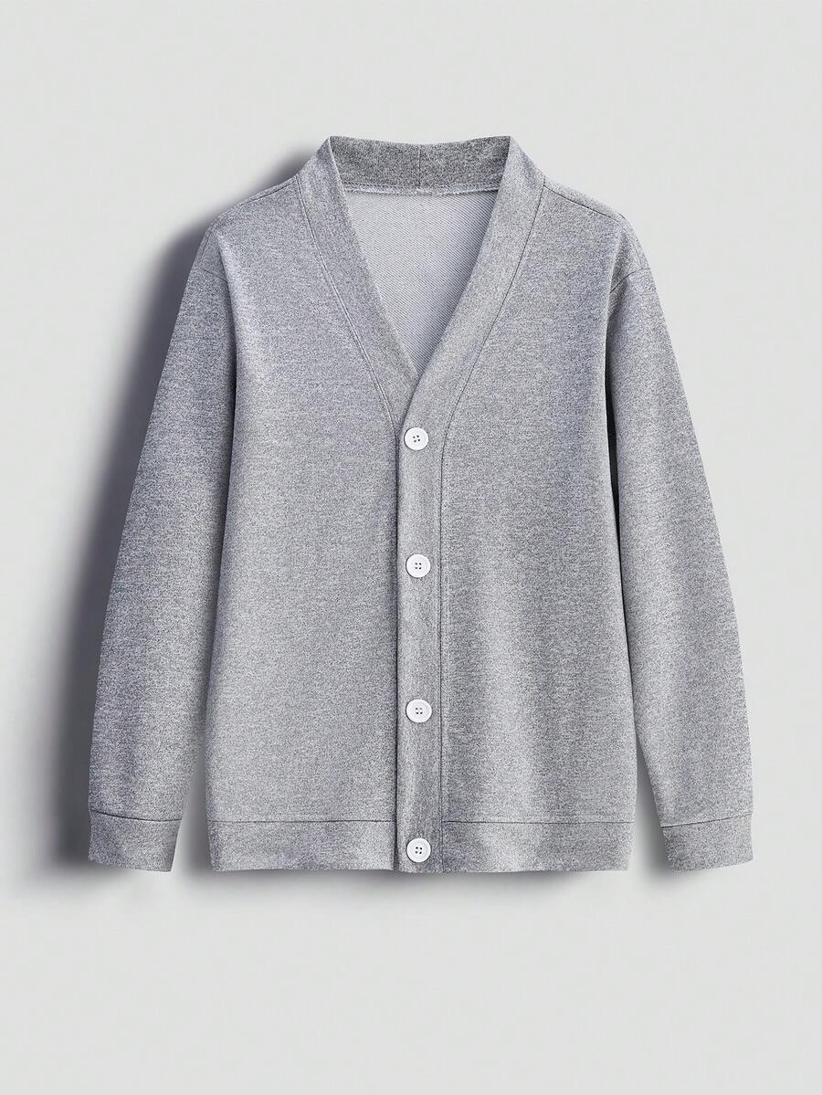 Youth V-Neck Versatile Fashion Gray Soft Button Long Sleeve Jacket, Suitable For Teen Boys, Spring And Autumn