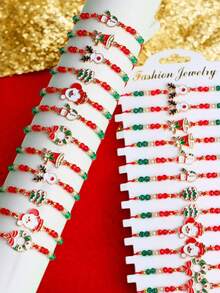 6 件圣诞串珠编织手链时尚圣诞老人圣诞树铃铛女孩节日多彩可爱朋友礼物珠宝配饰 - 聖誕節串珠編織手鍊 - 查看 6