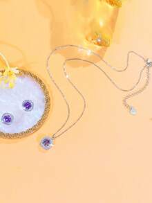1 Set Genuine 925 Sterling Silver Amethyst Purple Cubic Zirconia Engagement Pendant Necklace Jewelry Set For Women, Festival/Anniversary Gift - Purple - View 5