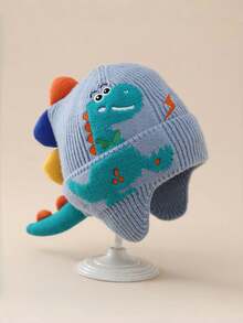 1 件儿童护耳帽，温暖厚针织恐龙图案无檐帽，适合男孩女孩，适合 3-8 岁，秋冬季