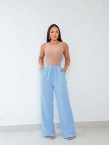 Wide Leg Striped Elastic Palazzo Pants With Pockets - Blue - View 6