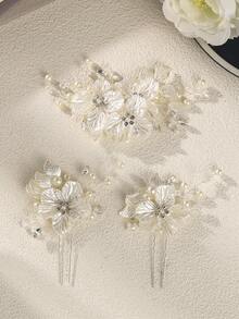3pcs/Set Bridal Wedding Flower Crystal Pearl Hair Clips, Rhinestone Embellished White Floral Hair Accessories