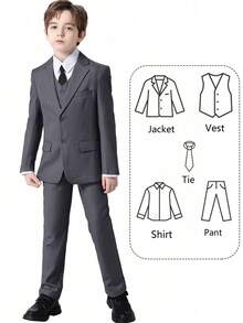 男童五件套西装，幼儿燕尾服礼服，花童服装，婚礼西装外套、马甲、裤子、衬衫、领带，适合儿童生日派对、晚宴、婚礼、洗礼和周年纪念等场合，灰色，尺码3-10岁 - 灰色 - 查看 4