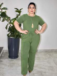 Women's Plus Size Knit Sweatshirt Set, Blouse And Simple Pants, Knitted Fabric, Pocket Set, Holiday Vacation, Daily Home, Travel, Summer - 軍綠色 - 查看 1