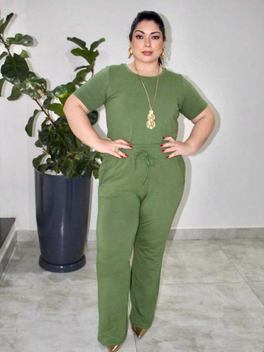 Women's Plus Size Knit Sweatshirt Set, Blouse And Simple Pants, Knitted Fabric, Pocket Set, Holiday Vacation, Daily Home, Travel, Summer - 軍綠色 - 查看 1