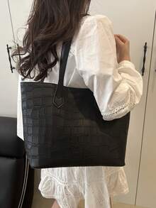 女士时尚休闲通勤单肩包，纯色大容量手提包适合约会、旅行、户外购物 - 黑色 - 查看 9