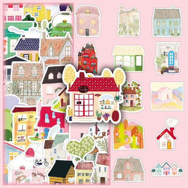 50 adesivos fofos de desenho animado de casa desenhados à mão, decalques delicados e minimalistas de grafite para tablet, notebook, garrafa de água