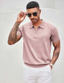 Men's Zipper Polo Shirt Casual Knit Short Sleeve Polo T Shirt Classic Fit Shirts - 寶藍色 - 查看 8