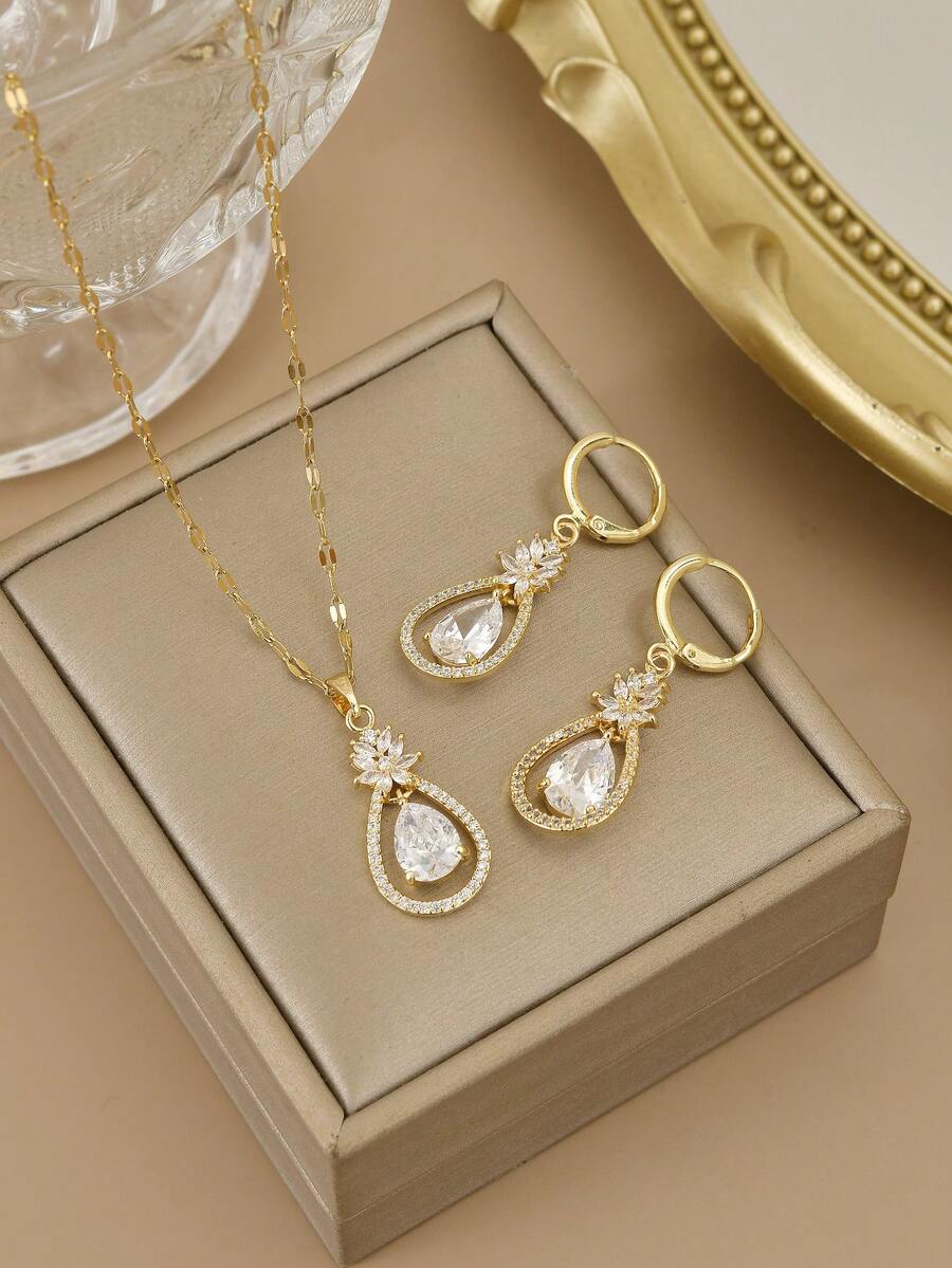 1 件时尚方晶锆石泪滴形不锈钢女士项链，1 对时尚方晶锆石泪滴形不锈钢女士耳环，防水不锈钢首饰，金色首饰，金耳环，高品质镀金首饰，秋季耳环 - 金黃色 - 查看 1