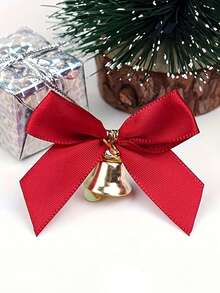 Mini nœud en ruban rouge avec clochette dorée - Décoration de Noël élégante, mariage, faveur de fête - Pas de piles nécessaires - Pour l'emballage de cadeaux, la décoration de chaussures, la fabrication de bijoux - Décoration artisanale de fête, ornement festif, tissu satiné, très adapté pour les décorations de fête de Noël, les décorations d'emballage de cadeaux de Noël