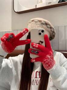 Women's Gloves With Winter Exposed Fingers, Thick And Warm, Cute Student's Anti Cold Yarn, Touch Screen Christmas Tree Gloves