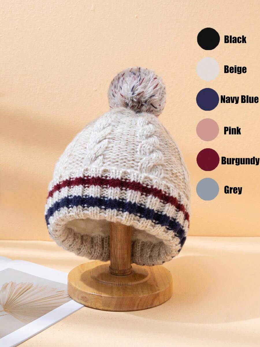 1 pièce Bonnet tricoté à pompons rayés bicolores, chapeau tricoté chaud, doublé thermique, polyvalent et pour l'hiver, pour un usage quotidien, les déplacements et les courses - bande - Voir 1