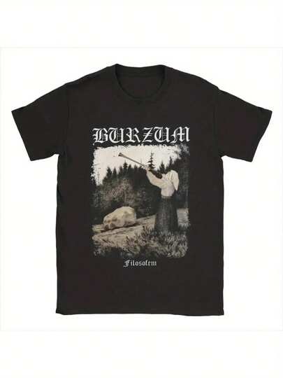 Camiseta de hombre inspirada en metal de fantasía Burzum - Camiseta negra de cuello redondo con gráfico de trompeta y letras góticas y arte de figura con cuernos, ropa casual para todas las estaciones, lavable a máquina, ajuste regular para fanáticos de la fantasía oscura