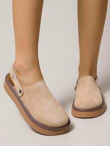 新款女士圆头时尚厚底一脚蹬平底鞋，米色、杏色、棕色、灰色，休闲户外穆勒鞋，金属扣，品质升级，春夏 - 杏色 - 查看 4